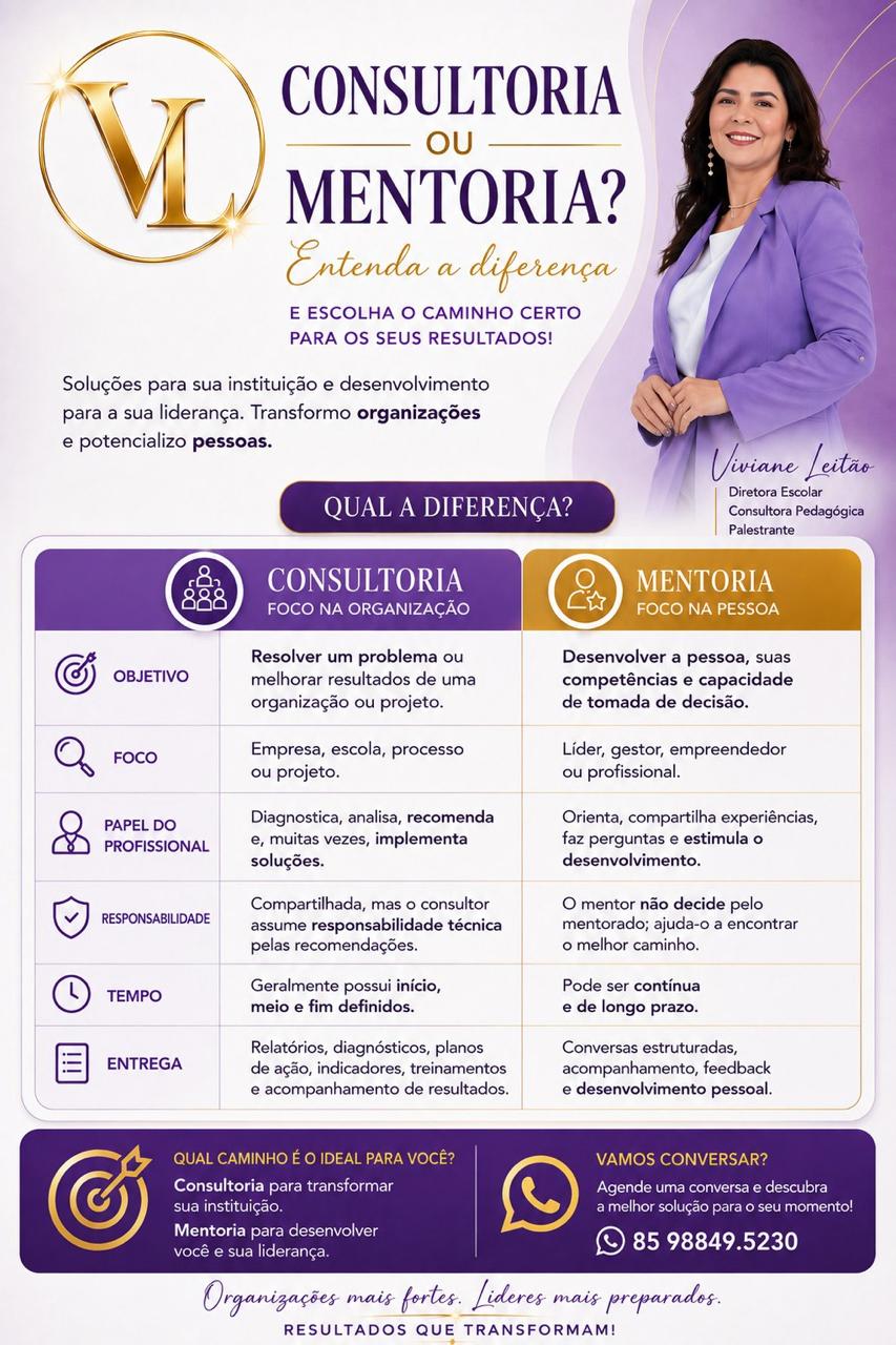 Comparativo entre consultoria e mentoria, com objetivo, foco, papel do profissional, responsabilidade, tempo e entrega